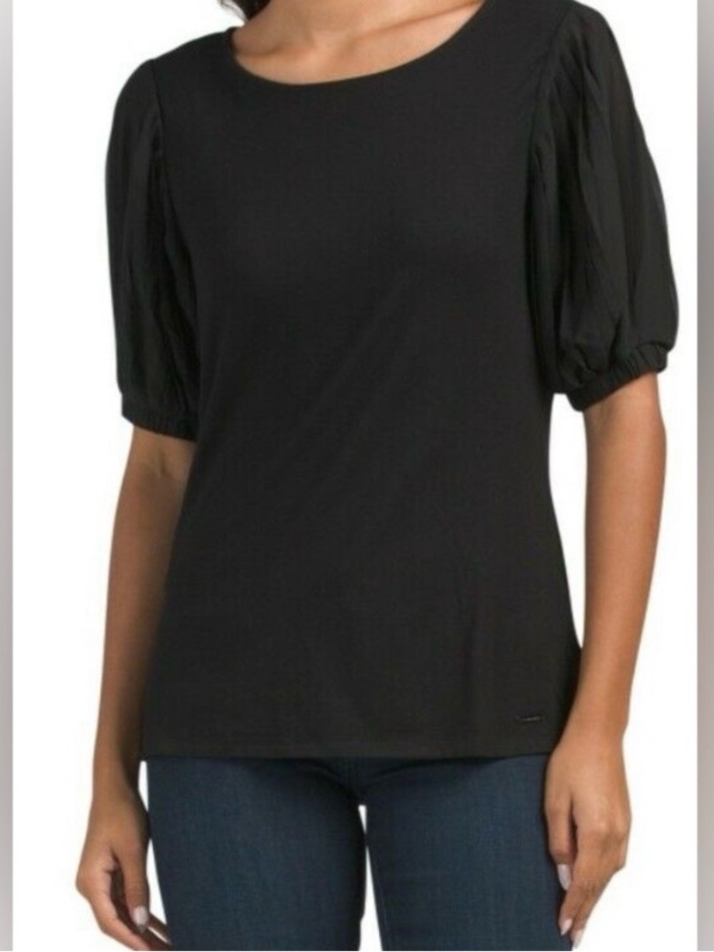Tahari Gray Pleated Chiffon Puff Sleeve Short Sleeve Top, Women’s Size Small